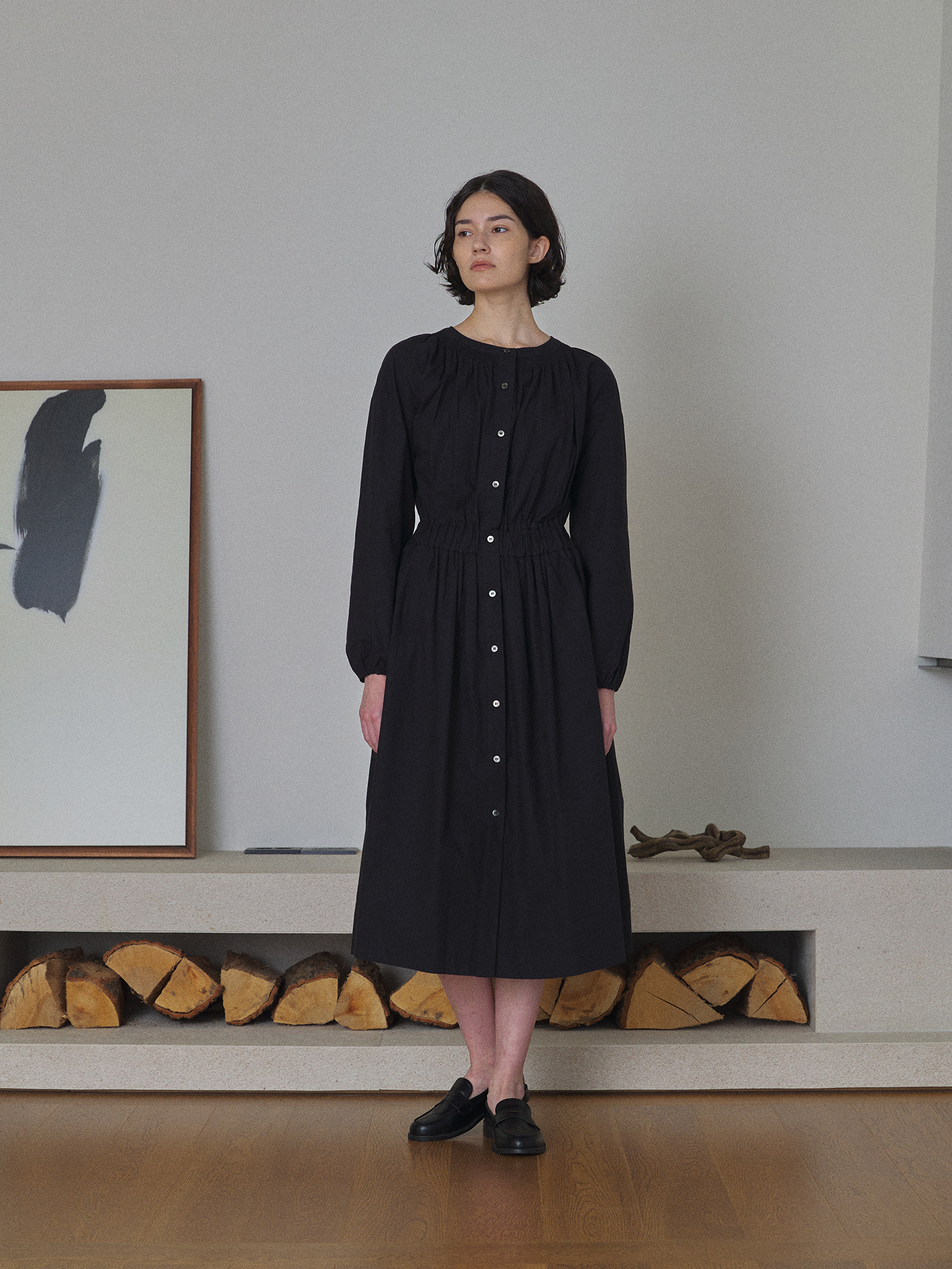 [리퍼브] Smocking Shirring Long dress - Black