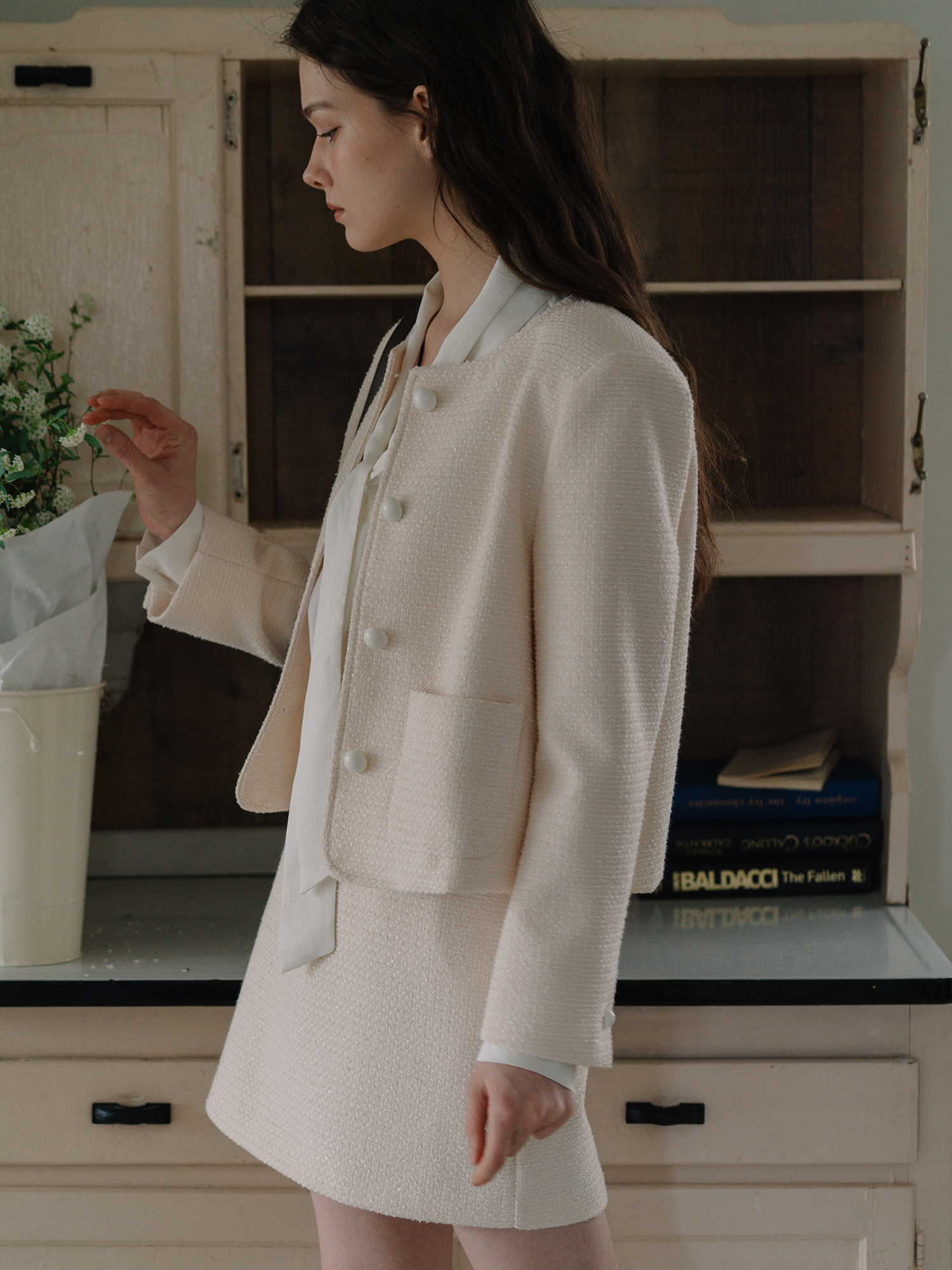 Minimal Tweed Jacket - Ivory