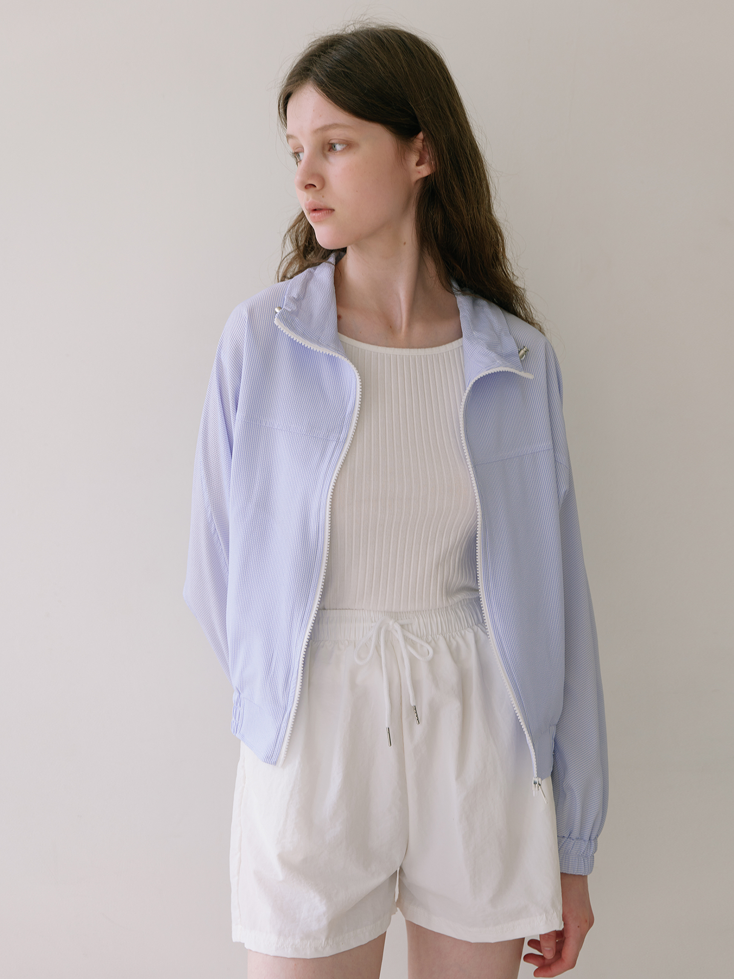 Stripe Seersucker Blouson - Sky blue