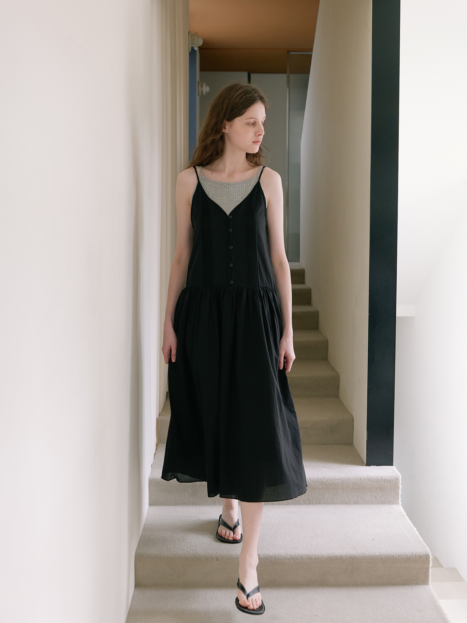 Button Sleeveless Long Dress - Black