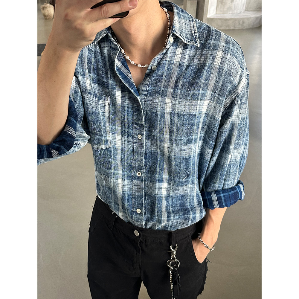 [S/S] Ice crack washed check shirts