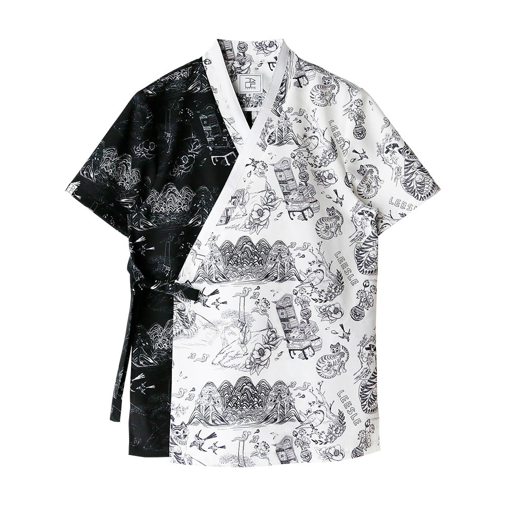 Minhwa Toile Short-sleeve Shirt [Half-and-half]