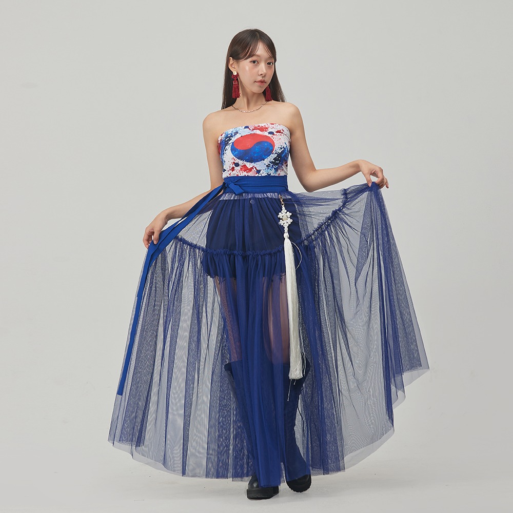 Sheer Tiered Sheer Wrap Skirt [blue]