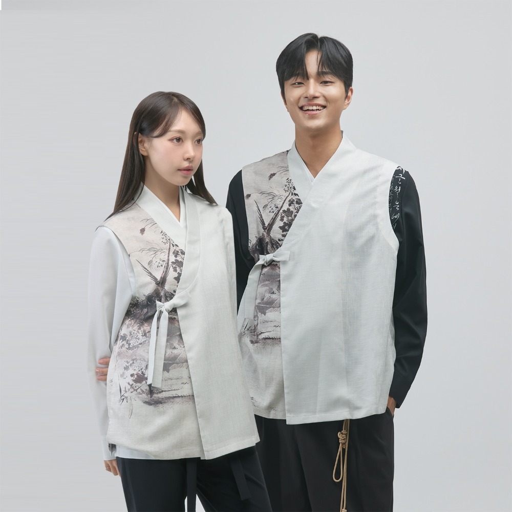 Birds and flowers painting Vest [beige]