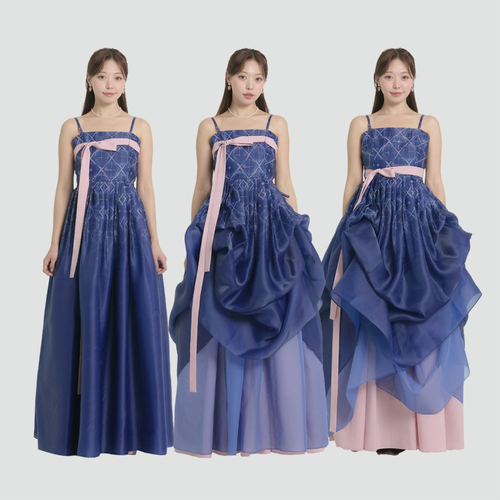 Flower Lattice Closure Hanbok Dress [blue]