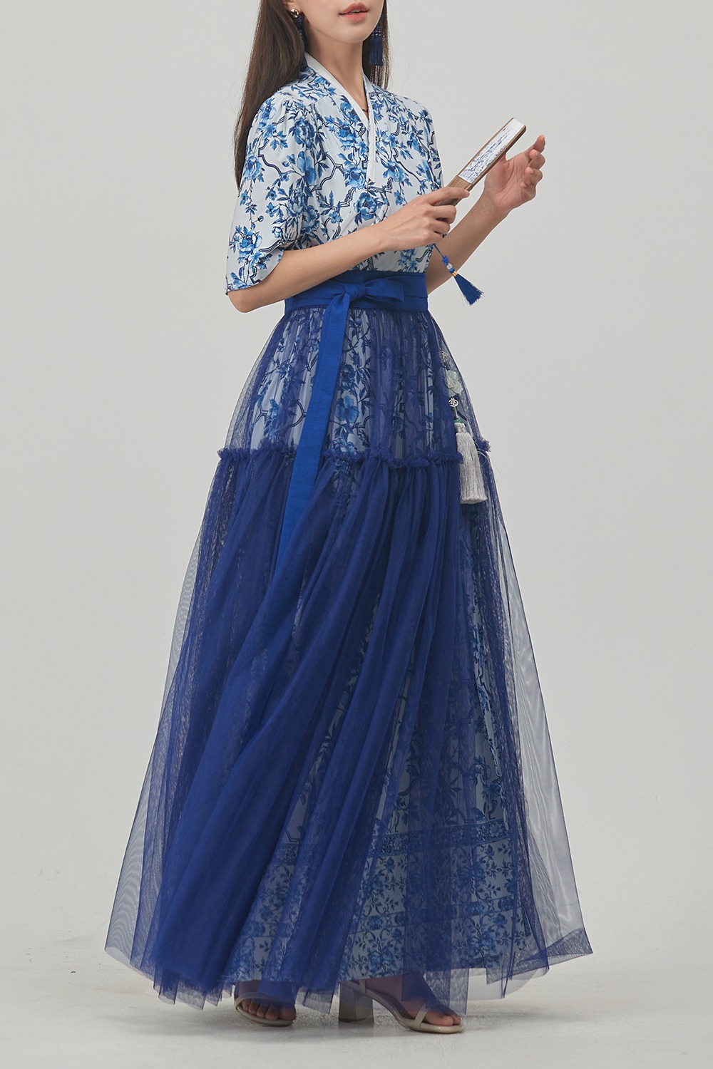 See-through Tiered Sha Waist Skirt [Blue]