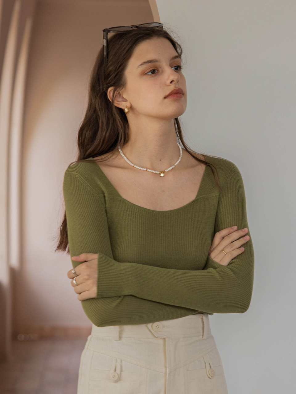 EURIA wool square round neck knit_leaf green