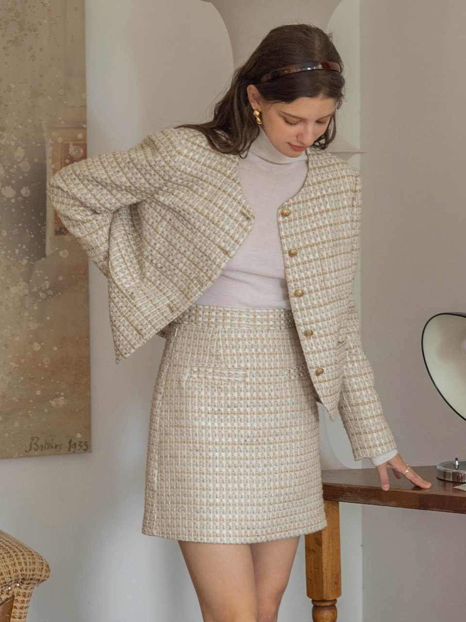 ISLA classic tweed jacket vest skirt SET_light beige