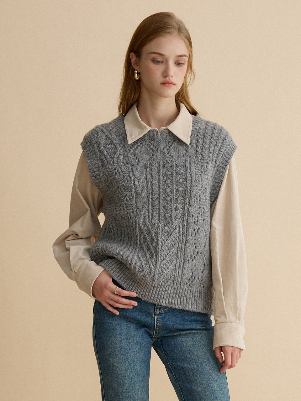 [박민하 착용] FANNY wool twisted knit vest_gray