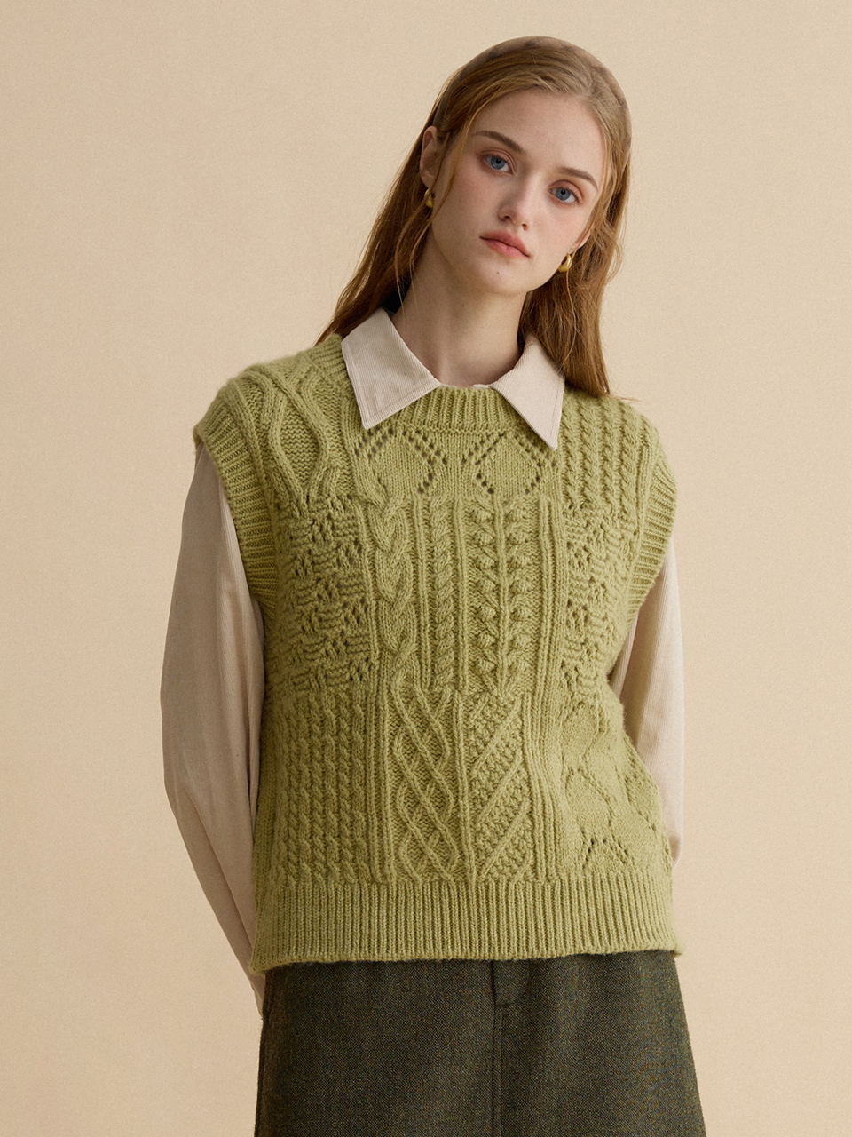 FANNY wool twisted knit vest_olive