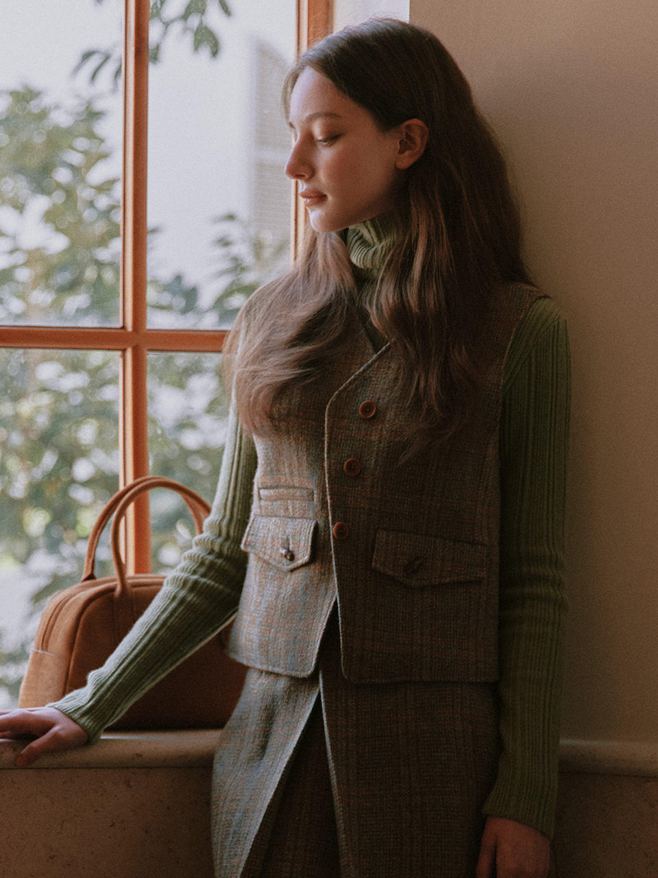 GLADYS wool check vest_martini olive