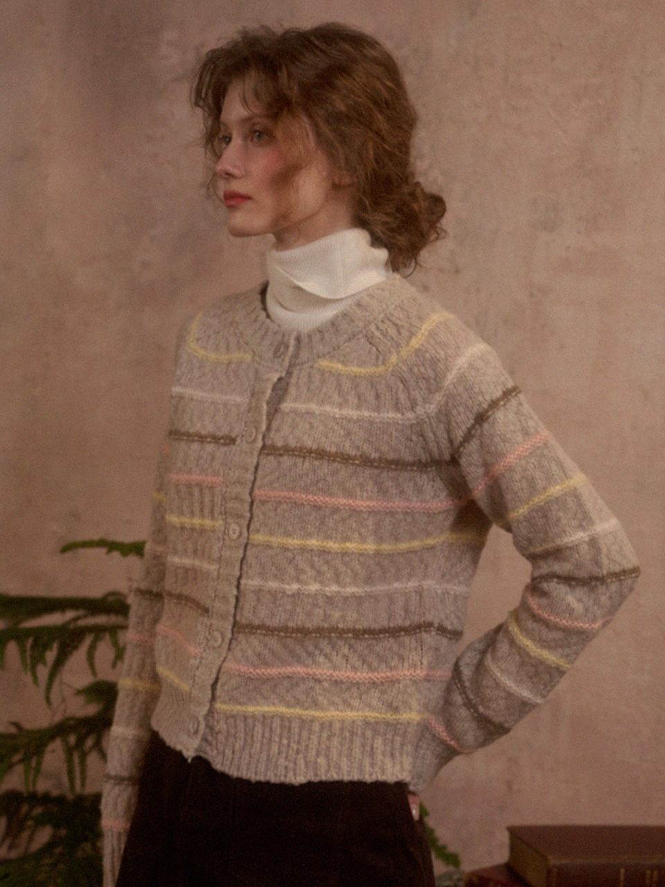 SHULA wool colorful stripe knit cardigan_gray