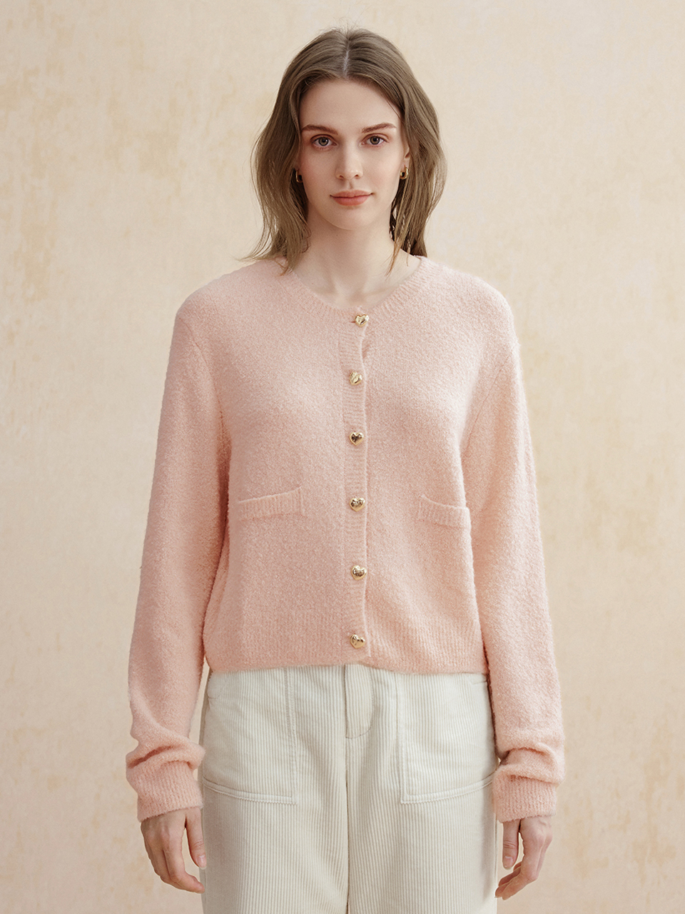 ALINA woolen heart button knit cardigan_pink