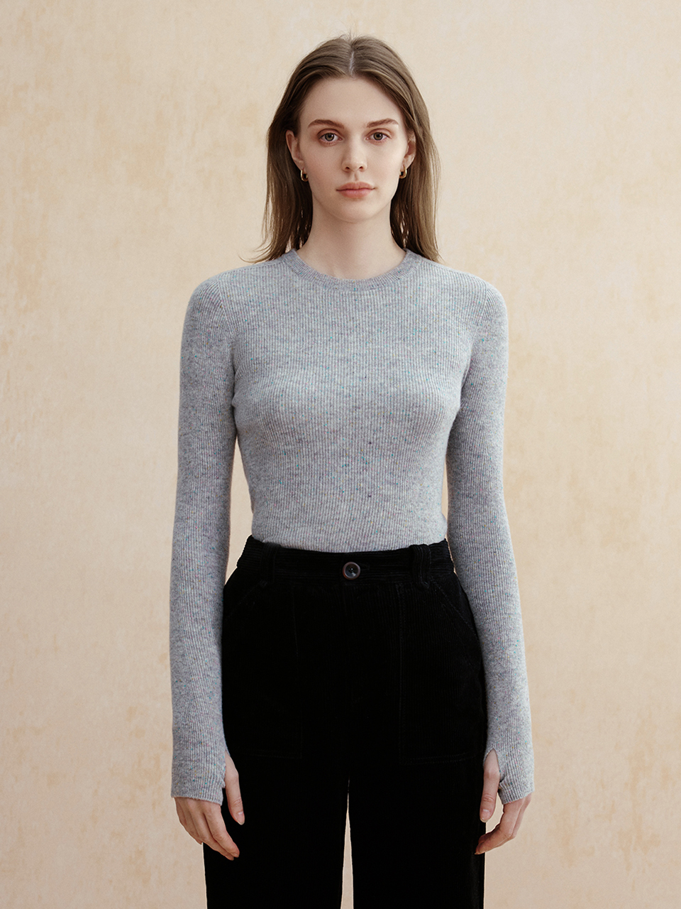 ROA wool whole garment round neck knit_gray