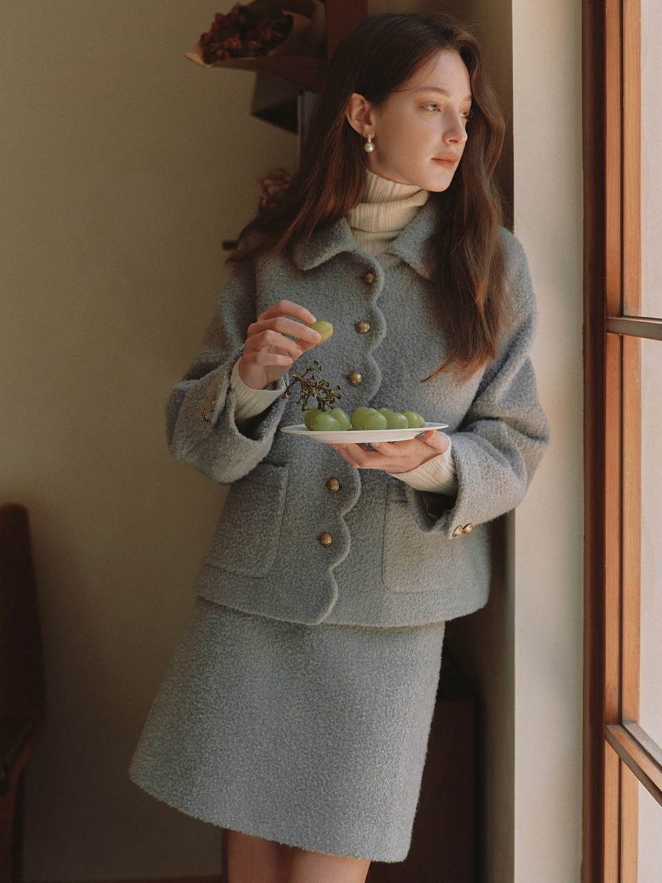 [사나 착용] EILEEN wool french jacket skirt SET_blue gray