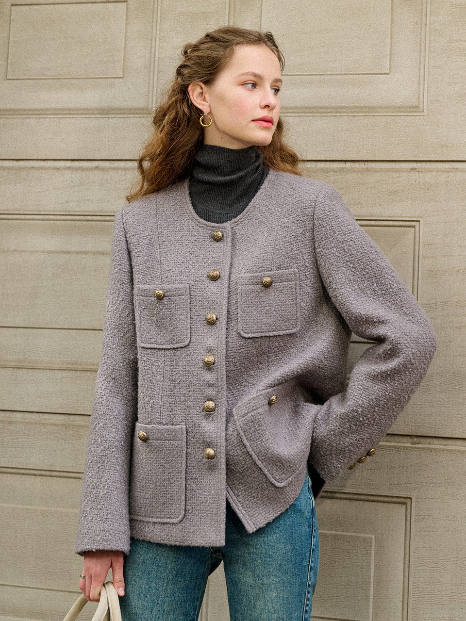 [사나 착용] KEHLANI woolen tweed jacket_gray