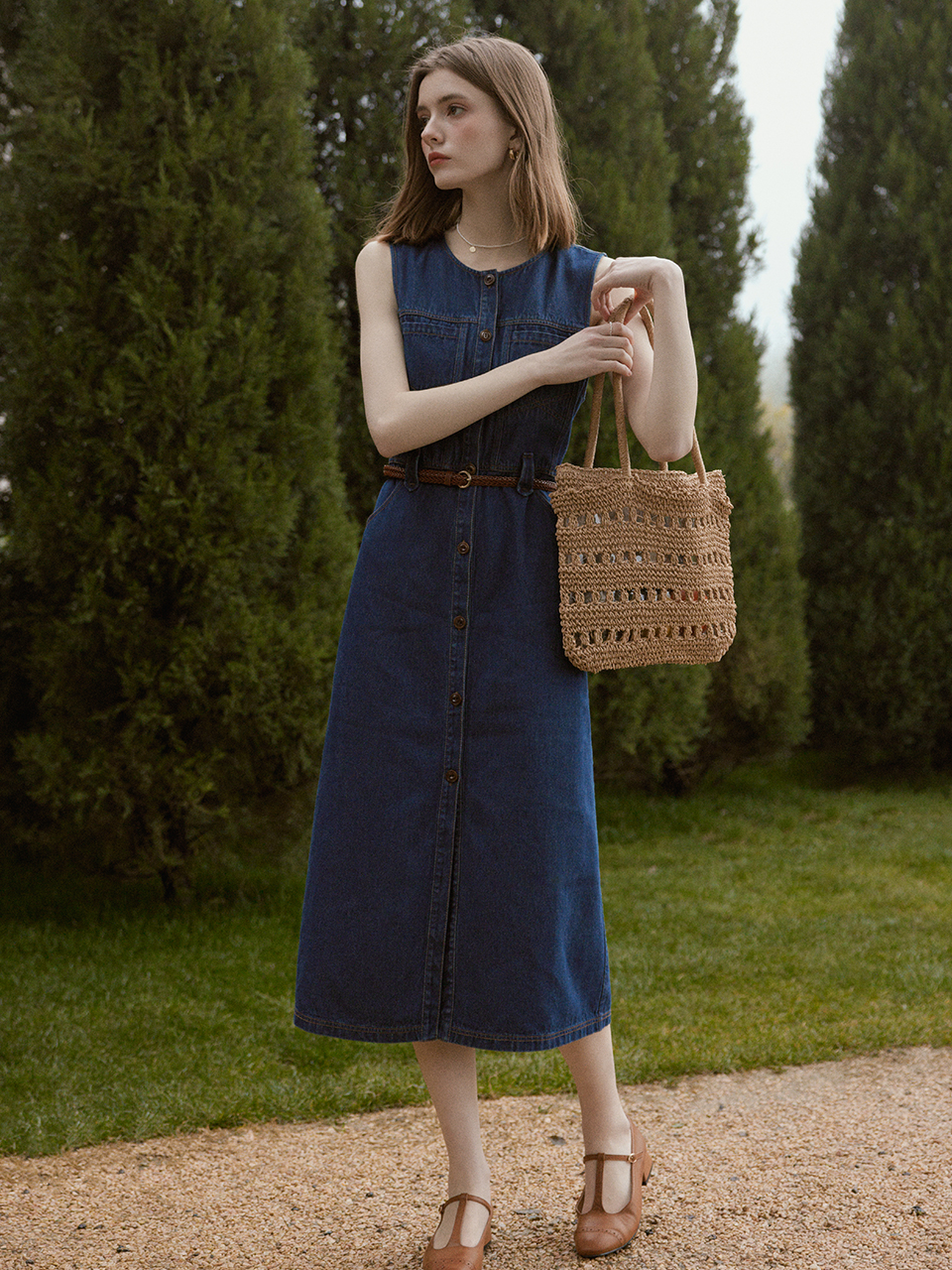 TILLIE round neck sleeveless denim dress SET_blue