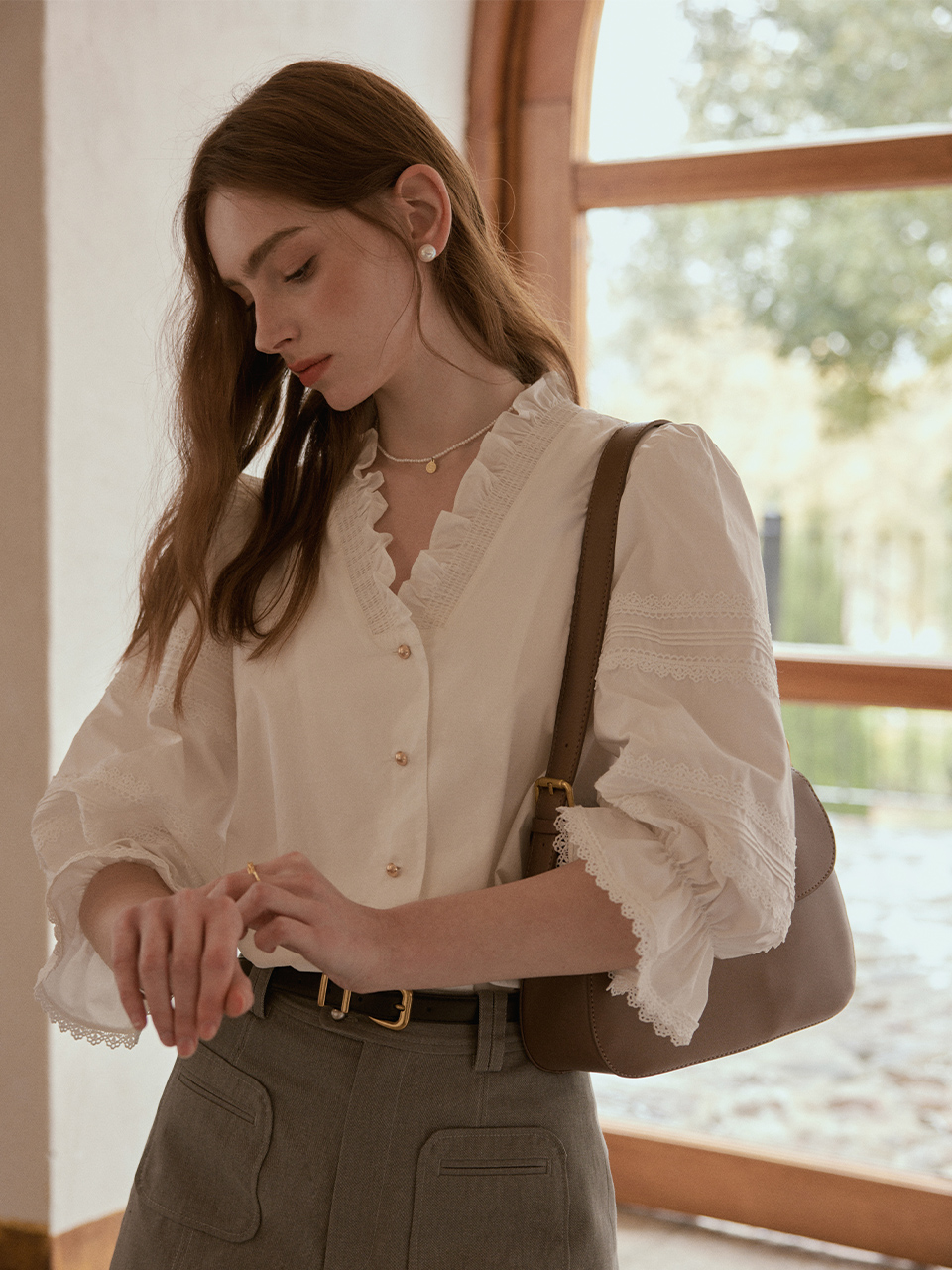 MIU frill neck laced shirt_white