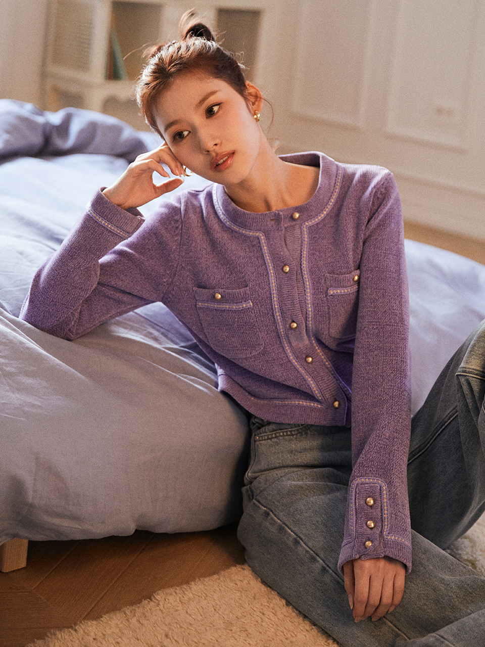 [사나 착용] VESTA tape deco knit jacket_purple