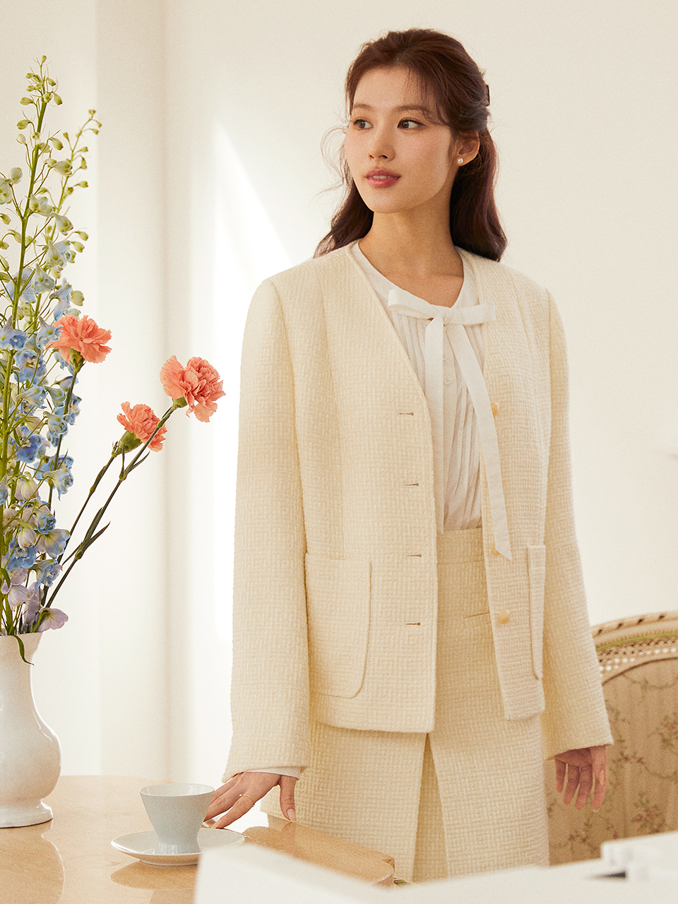 [사나 착용] WILMA woolen tweed jacket skirt SET_ivory