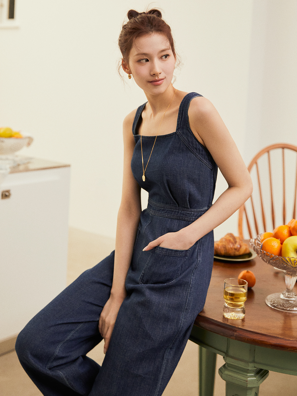 [사나 착용] OPHELIA wide overall linen denim pants_indigo blue