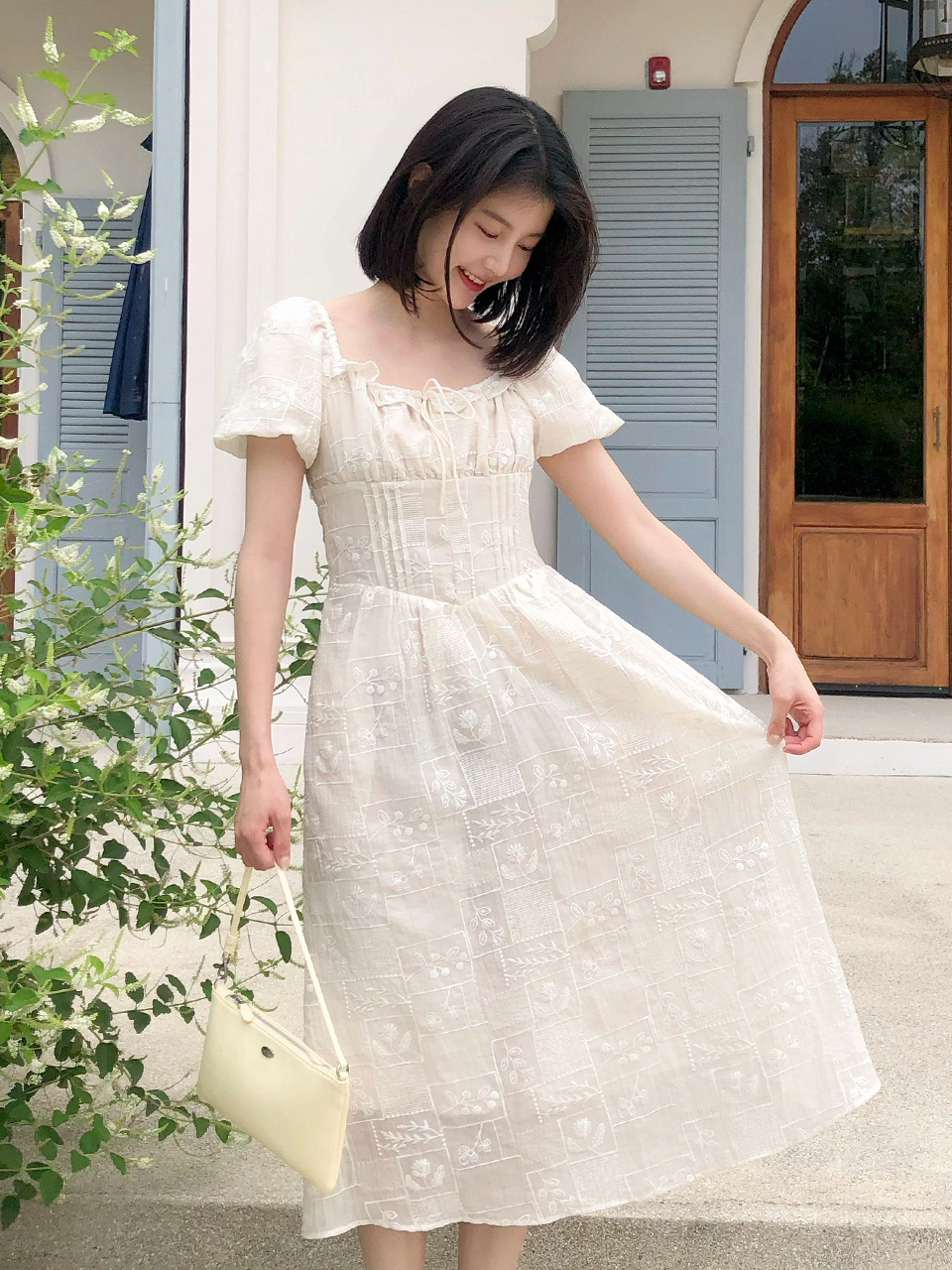 [임현주 착용] IRIE embroidery puff sleeve tencel dress_ivory