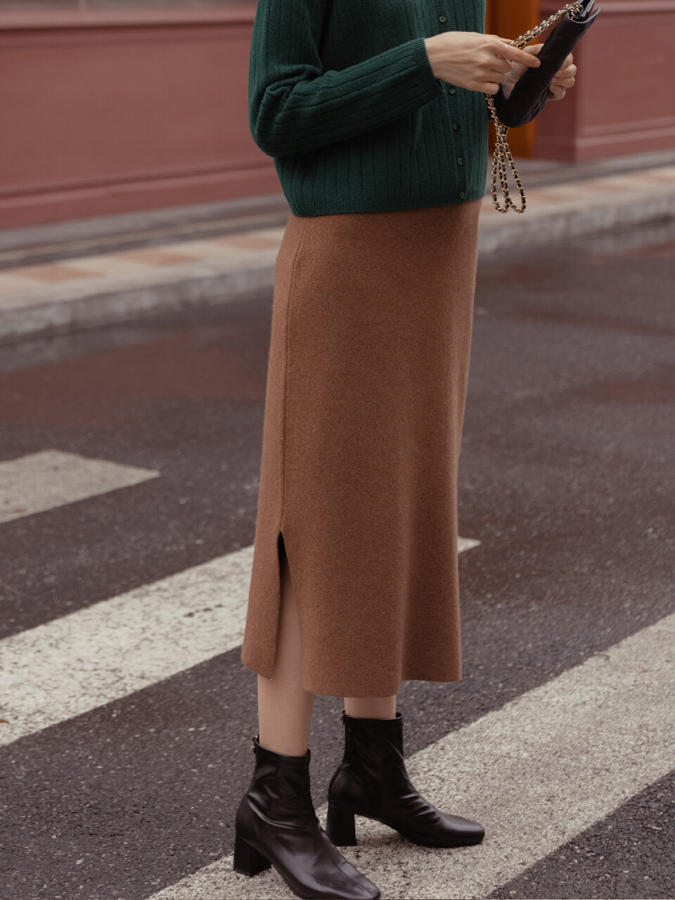 LAMIS woolen slit skirt_brown