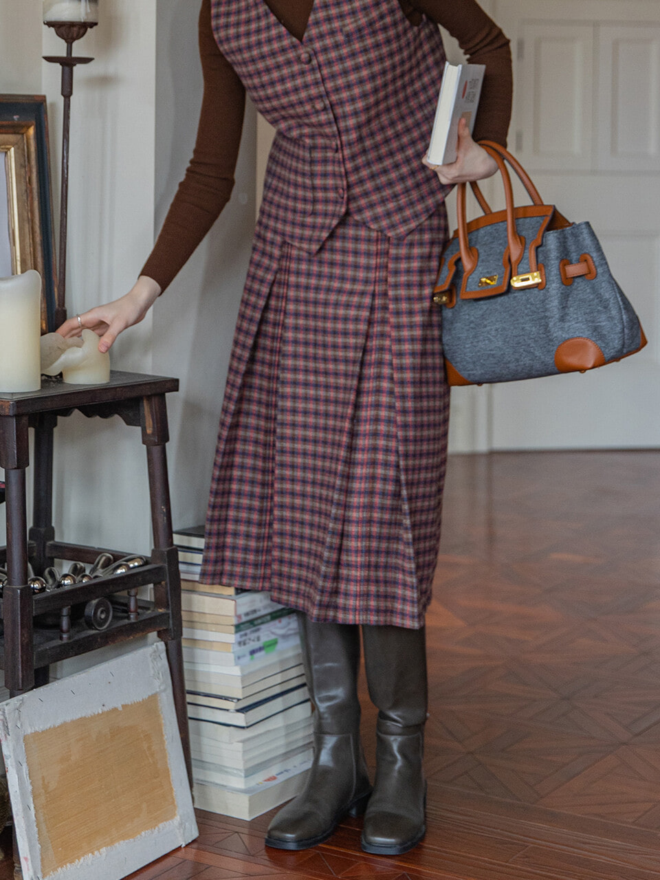 EUNICE woolen plaid A-line skirt_pink brown check
