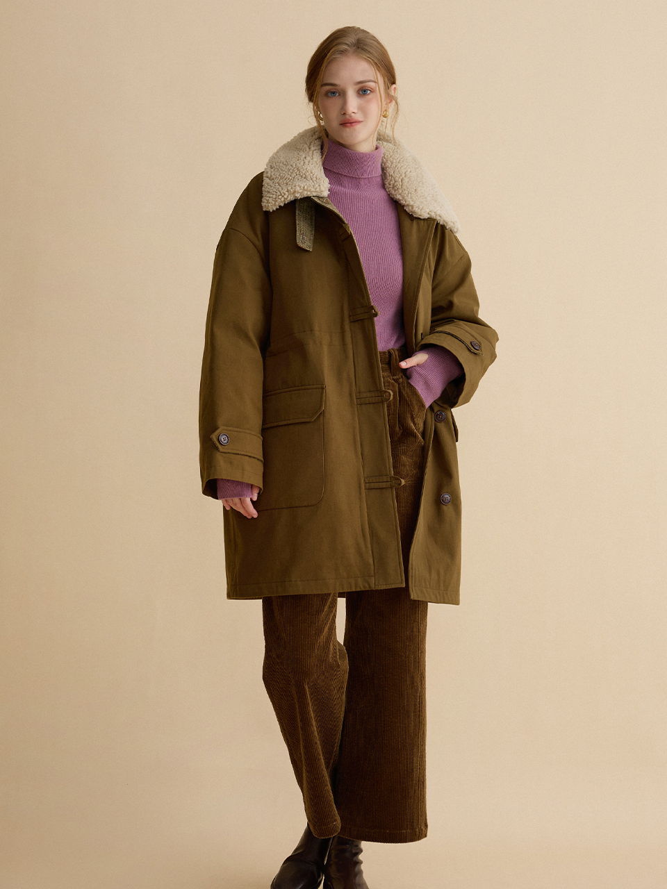 [정인 착용] MADISON faux shearing half parka_khaki