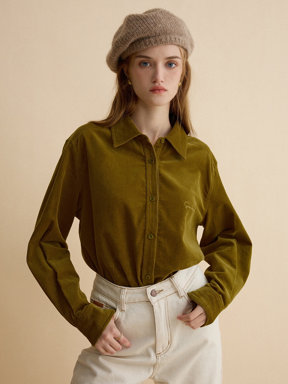 JACE embroidery corduroy shirt_golden lime