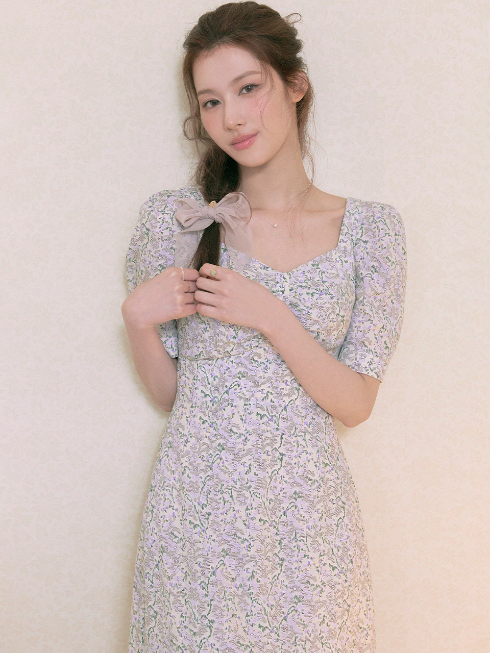[사나 착용] DAMIER square neck flower dress_violet