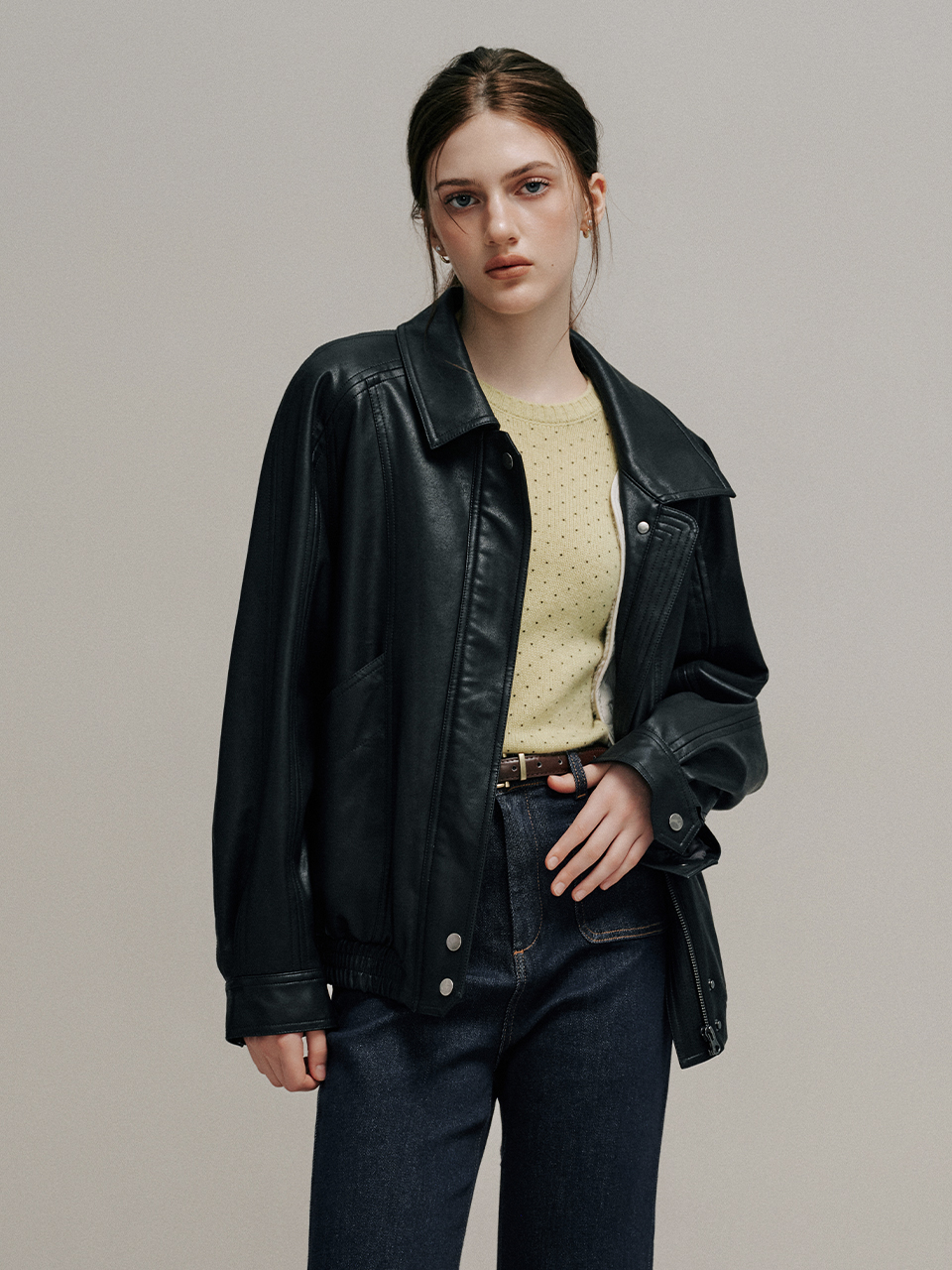 ★Lenina★POTEAU detachable vest eco leather bomber jacket POTEAU detachable vest eco leather bomber jacket_black - 르니나