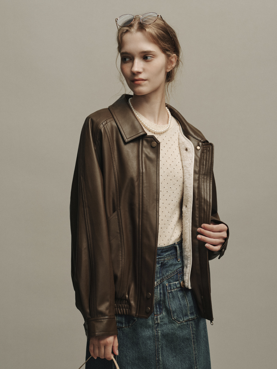 【 LENINA 】POTEAU DETACHABLE VEST ECO LEATHER BOMBER JACKET POTEAU detachable vest eco leather bomber jacket_brown - 르니나