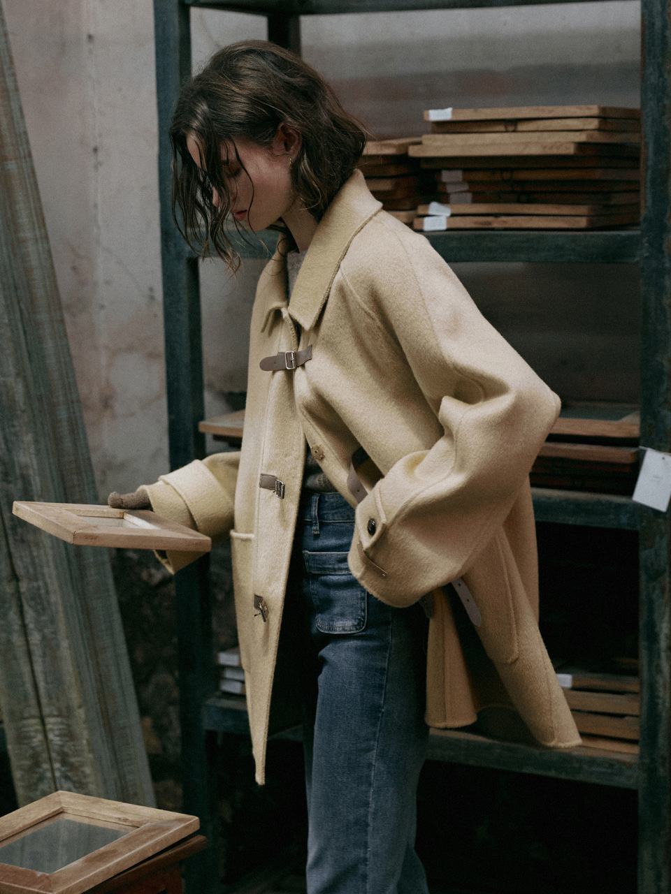 CAEL handmade wool buckle short coat_butter beige - 르니나