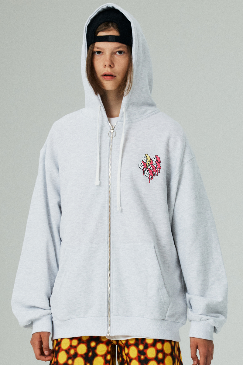 HEART PRINTING HOOD ZIP-UP-WHITE MELANGE