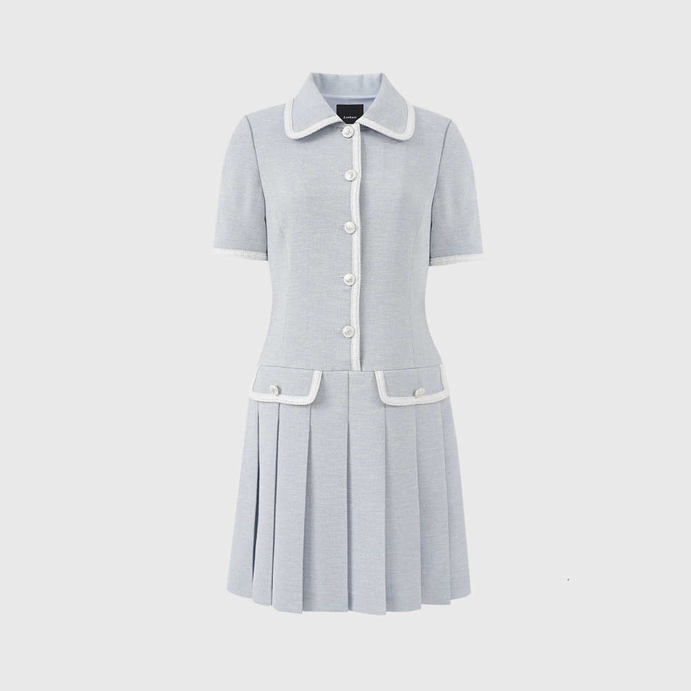 블루 엘린 트리밍 플리츠 드레스 / BLUE ELIN TRIMMED PLEATS DRESS