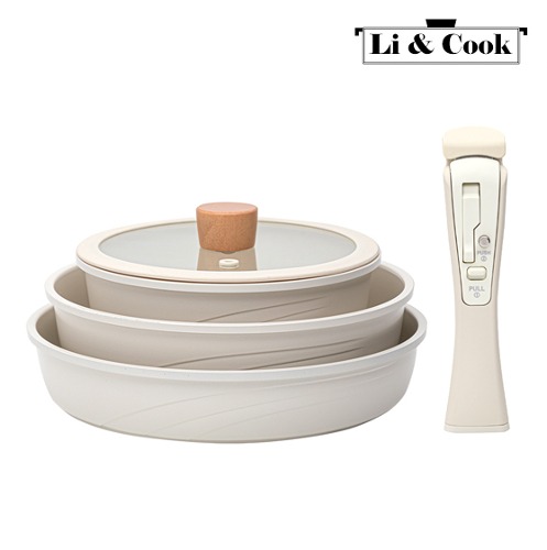 [Li&amp;CooK] 리앤쿡 노블 IH 쿡웨어 분리형 프라이팬 5종 세트 (냄비18cm+웍22cm+프라이팬24cm+멀티핸들+뚜껑)