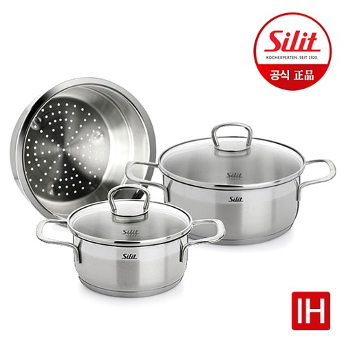 [Silit] 실리트 실리썸 프리모 스텐 냄비 2종+찜기 세트_낮은양수16,20cm+뚜껑2p+찜기20cm (인덕션호환가능)