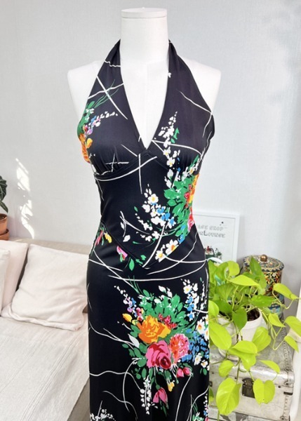 (eu)black floral halter neck dress