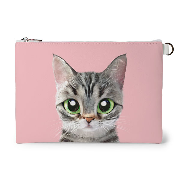 Momo the American shorthair cat Leather Flat Pouch
