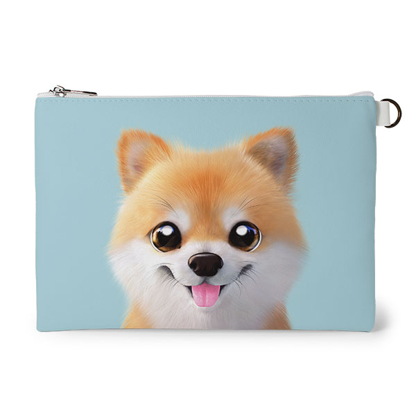Tan the Pomeranian Leather Flat Pouch