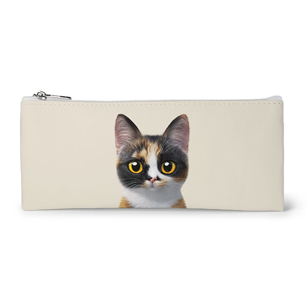 Mayo the Tricolor cat Leather Flat Pencilcase