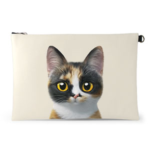 Mayo the Tricolor cat Leather Clutch (Flat)