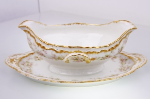 하빌랜드 더블 골드 더블 사이드 그레이비보트 /부착받침 Haviland Double Gold Double Sided Gravy w/ Attached Underplate circa 1903