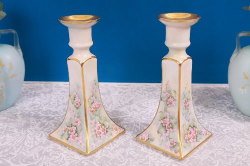 B &amp; Co 리모지 핸드페인트 촛대 B &amp; Co Limoges Hand Painted Candlesticks circa 1900