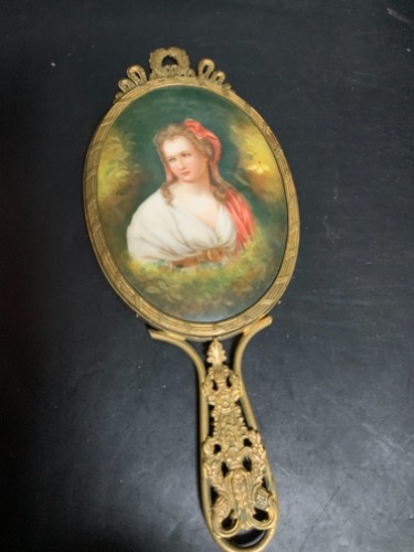 빅토리언 핸드페인트 온 도자기 손 거울 Victorian Hand Painted on Porcelain Hand Mirror circa 1900