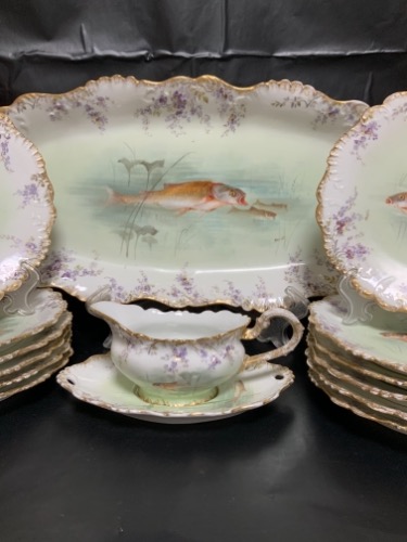 LR &amp; L  리모지 13PC 핸드페인트  (Muville) 피쉬 세트 LR &amp; L Limoges 13 Piece Hand Painted (Muville) Fish Service circa 1890