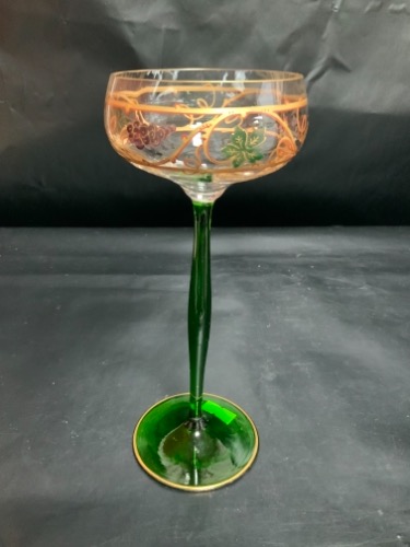 빅토리언 클리어 오버 그린 핸드 블로운 핸드페인트 스템웨어 Victorian Clear Over Green Hand Blown Hand Painted Stemware circa 1920