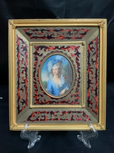 이탈리언 미니쳐 셀룰로이드 핸드페인트 초상화/이미테이션 거북이 쉘 프레임 Italian Miniature Painting on Celluloid in faux Tortoise Shell Frame circa 1950