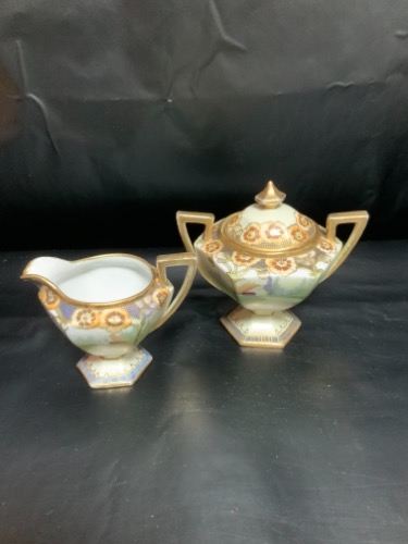 모리무라 (일본) 핸드페인트 굽있는 크리머 &amp;슈거 Morimura (Japan) Hand Painted Pedestal Creamer &amp; Sugar circa 1911 - 1921